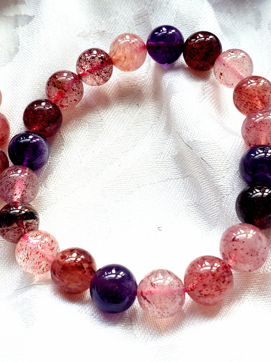 Strawberry Quartz and Amethyst Bracelet 9mm- Round Beads - Birthstone Jewelry, Crystal Bracelet, Beaded Jewelry, Gemstone Bracelet